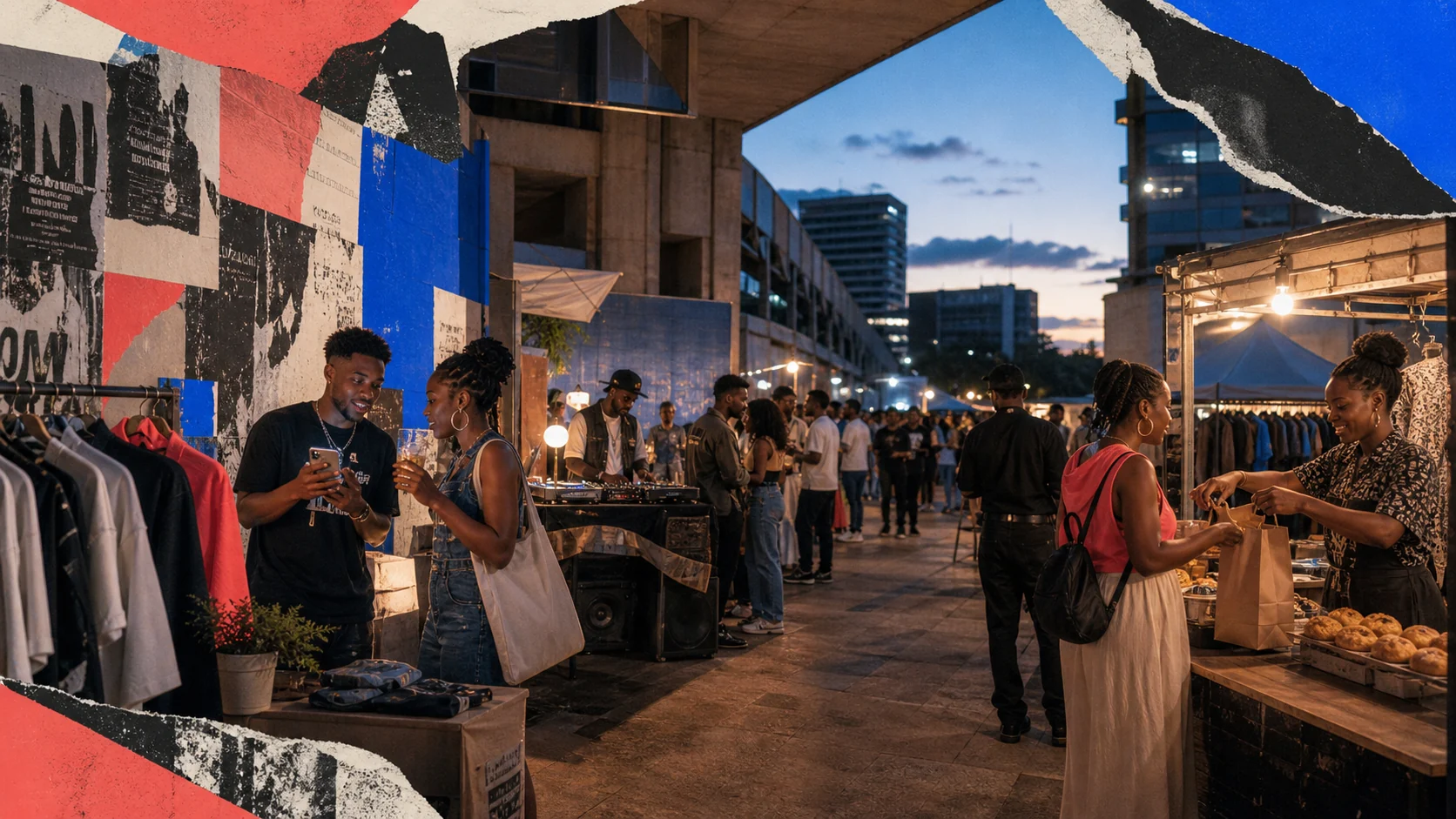 Creators and customers meeting at an evening market